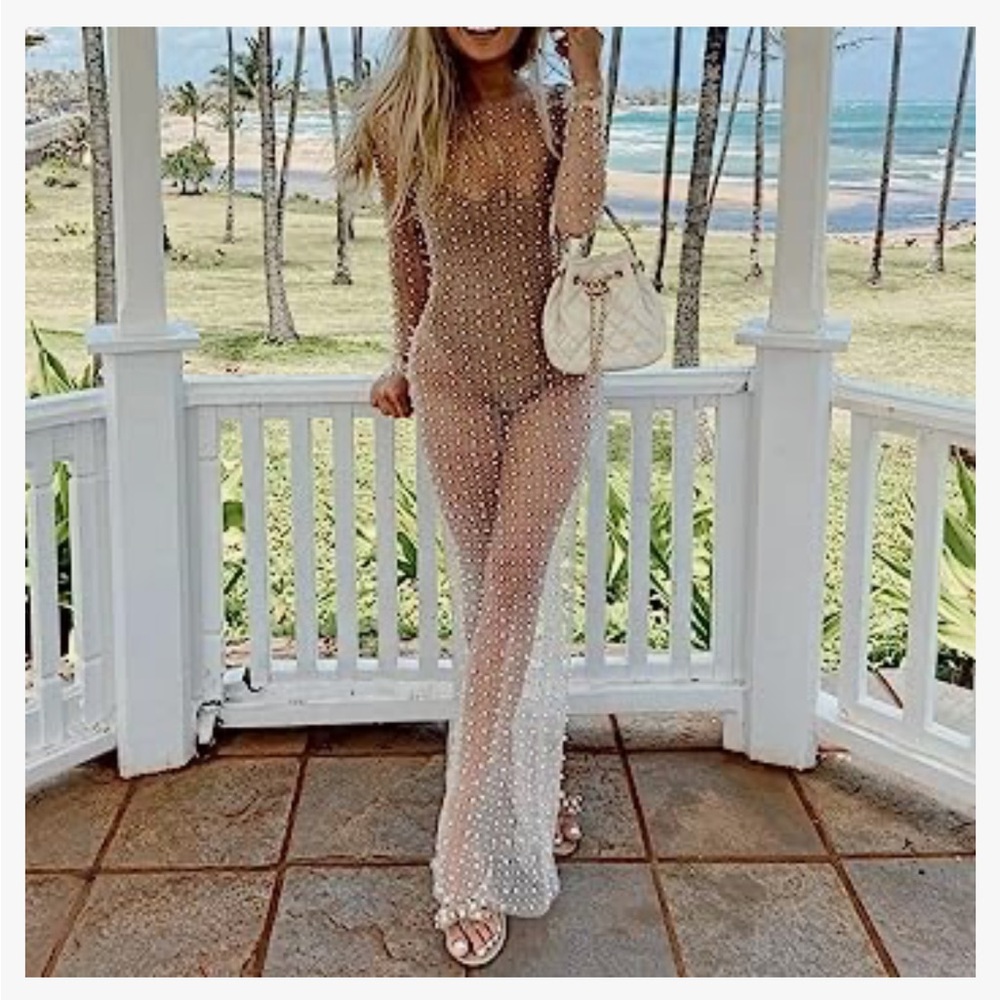 Sheer mesh pearl and rhinestone coverup. Beige color. Size S. New w/ tags